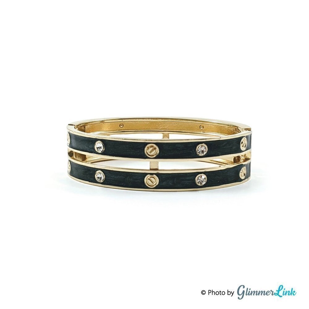 Black Enamel Gold Tone Screw Head Crystal Hinged Cuff Bracelet